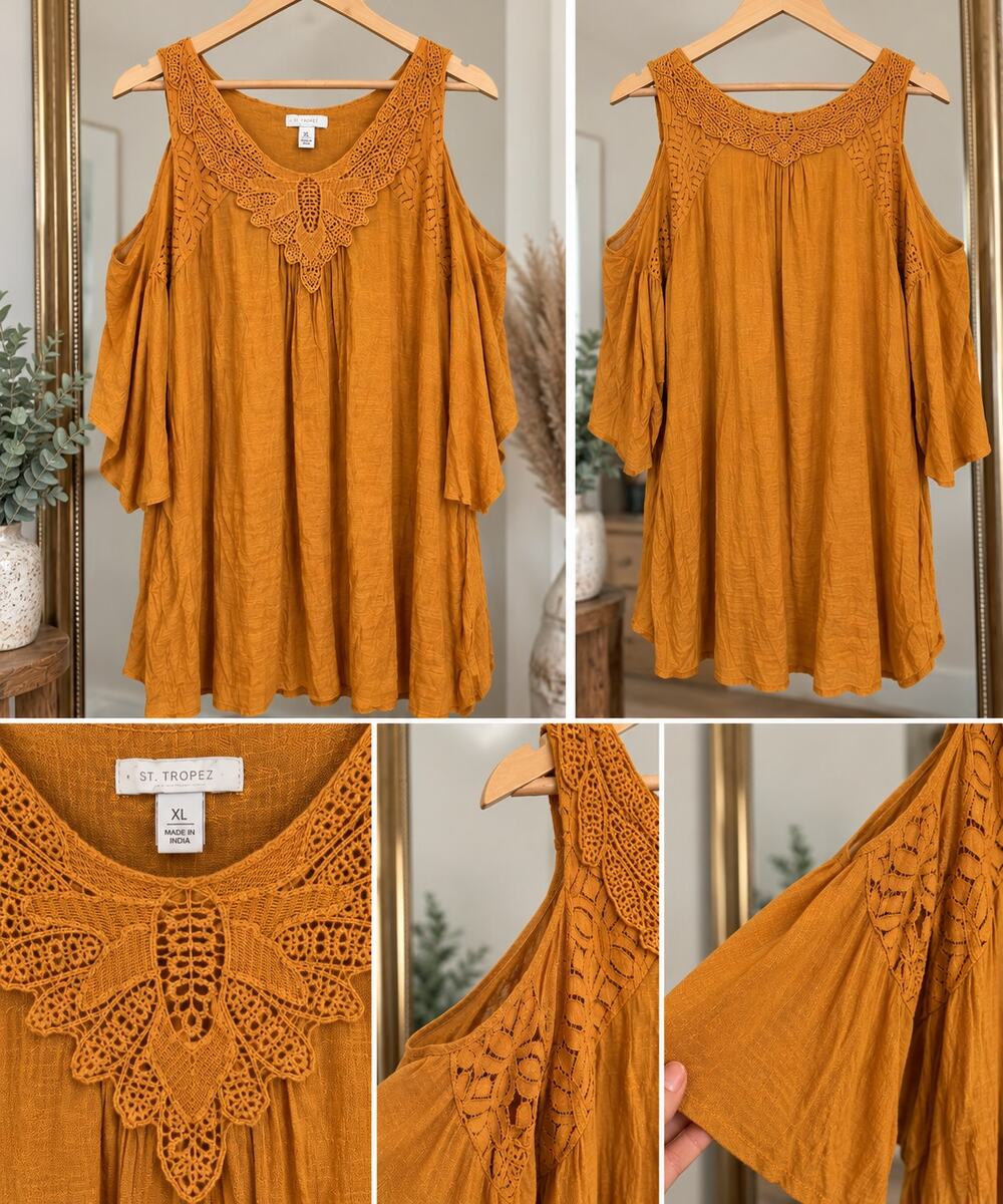 St. Tropez Mustard Crochet Lace Cold Shoulder Boho Tunic Dress Size XL